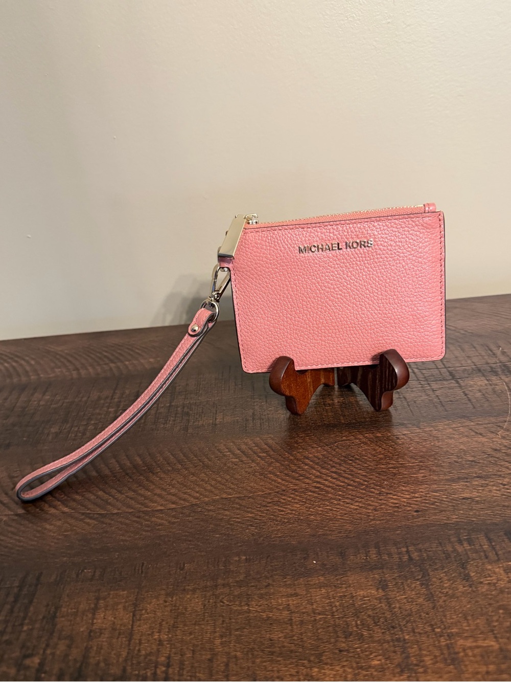 Michael Kors Pink Pebbled Leather Wristlet Card Case with Strap